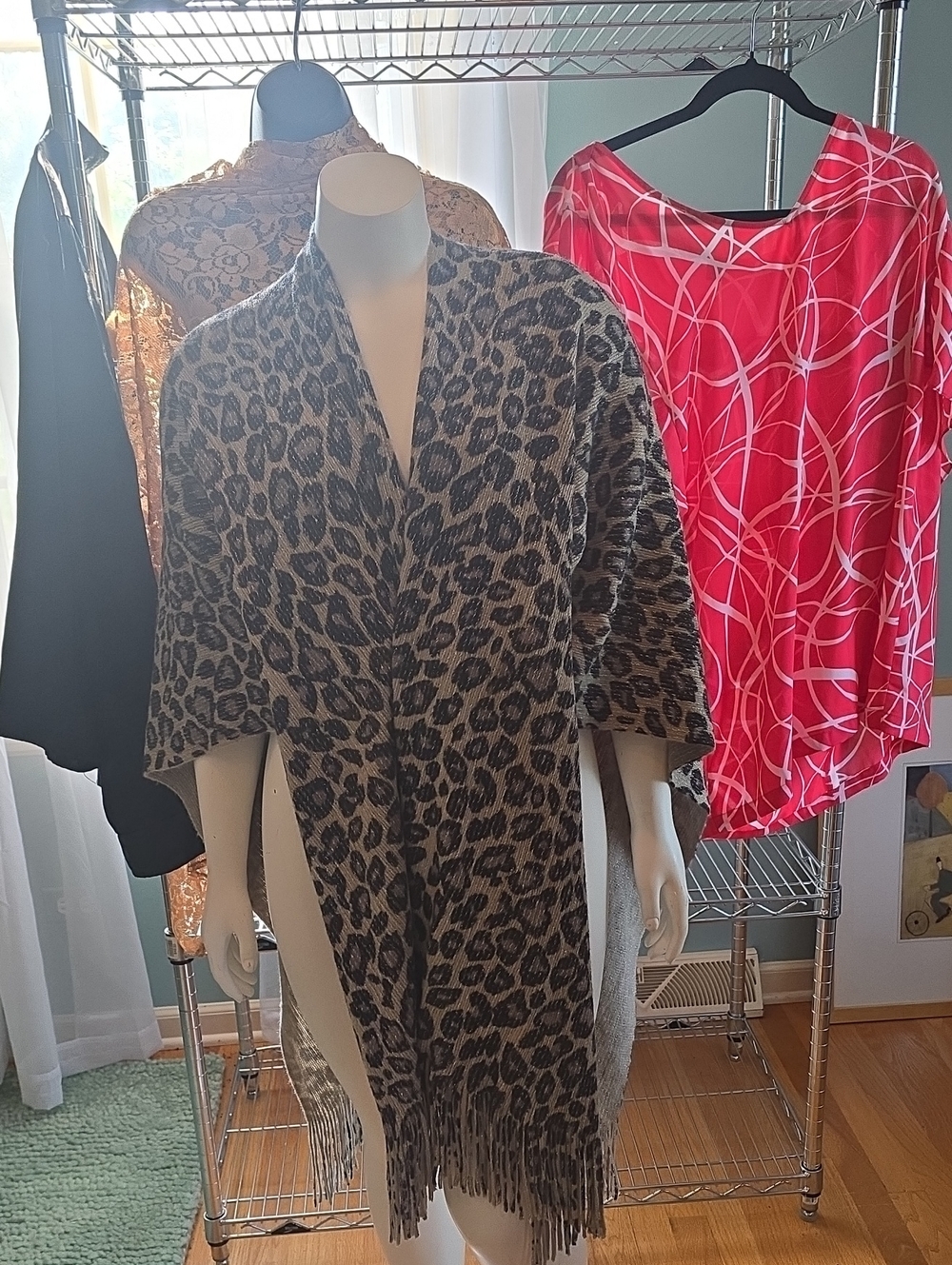 Leopard Print Fringe Wrap Scarf - Grey/Black